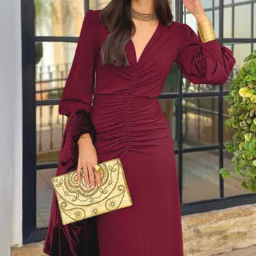 V-Neck Ruched Bodice L/S Maxi - Burgundy