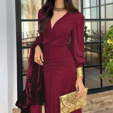 V-Neck Ruched Bodice L/S Maxi - Burgundy
