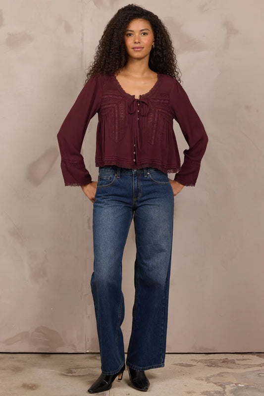Wine L/S Top with Lace Detail
