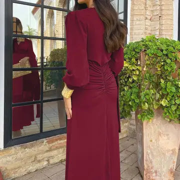 V-Neck Ruched Bodice L/S Maxi - Burgundy